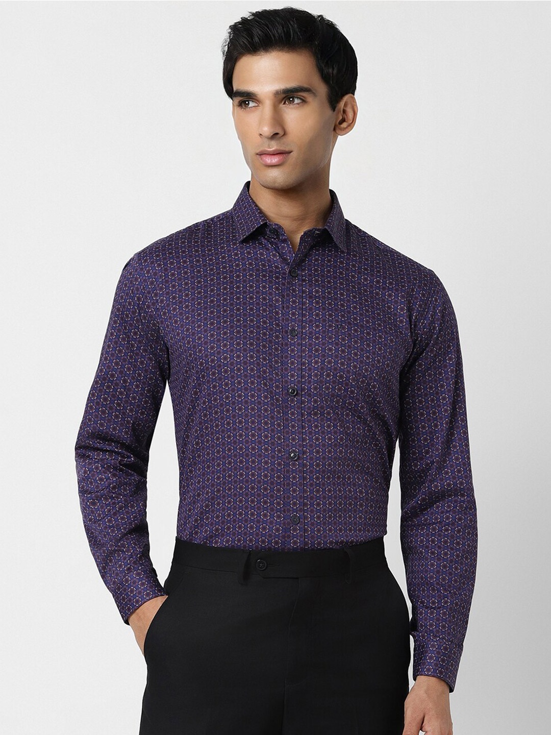 

V Dot Slim Fit Ethnic Motifs Printed Spread Collar Pure Cotton Formal Shirt, Purple