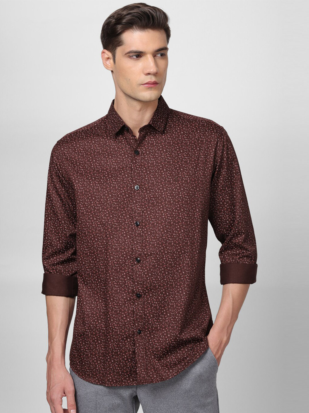

V Dot Printed Slim Fit Cotton Classic Casual Shirt, Brown