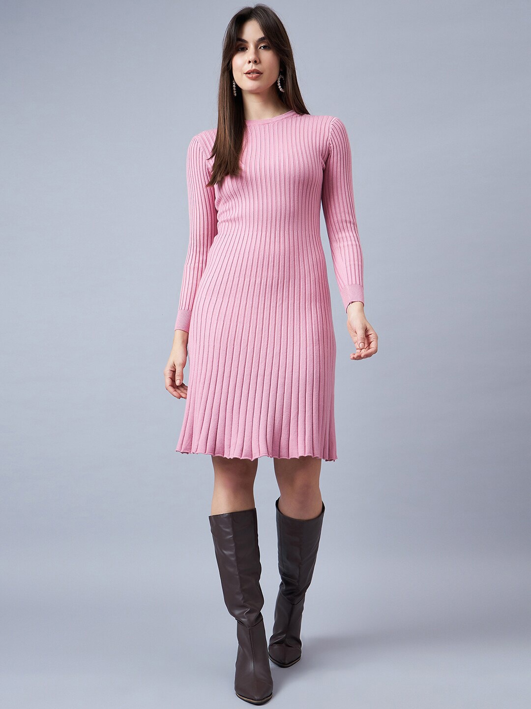

Chemistry Ribbed Woollen A-Line Dress, Pink