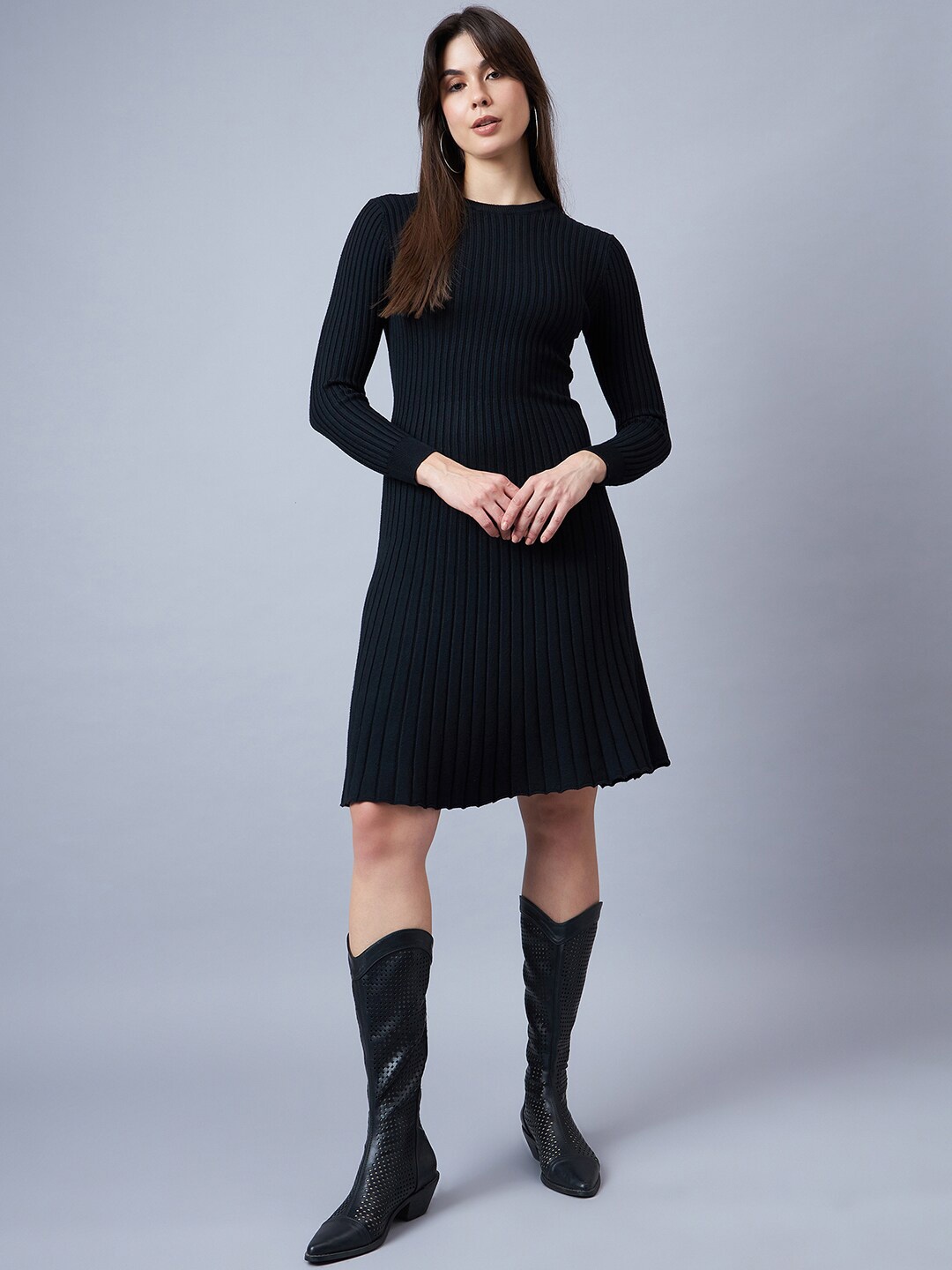 

Chemistry Ribbed Woollen A-Line Dress, Black