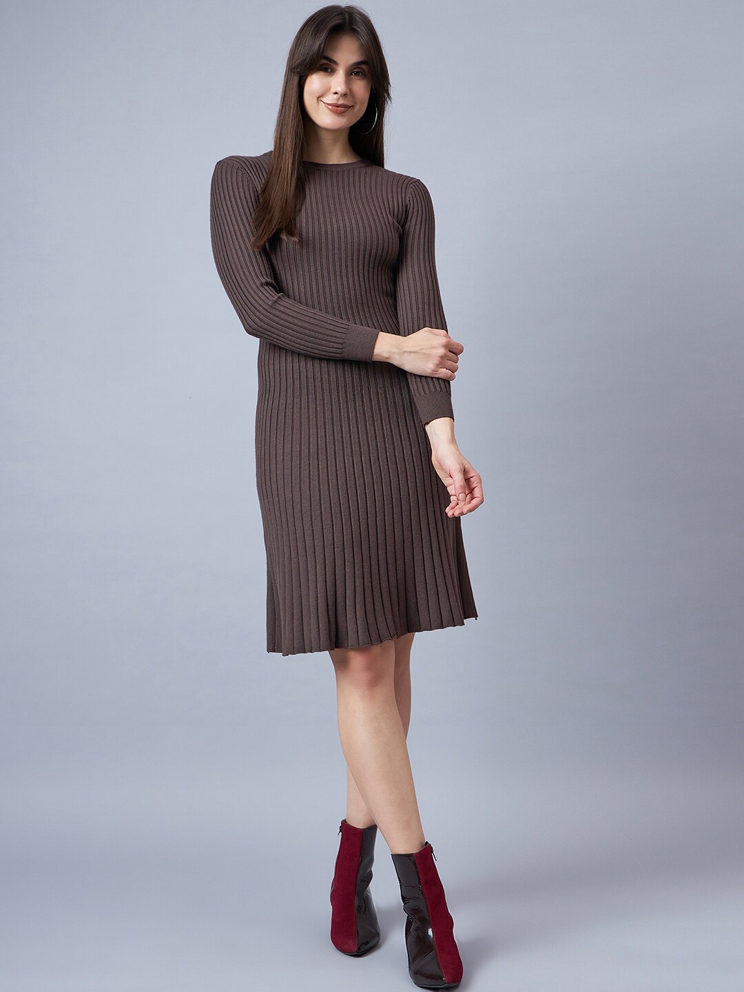 

Chemistry Ribbed Woollen A-Line Dress, Brown