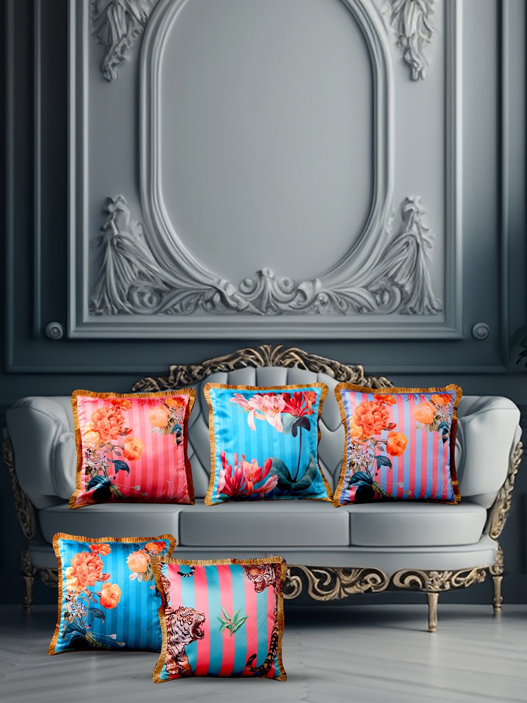 

THE WHITE INK DECOR Blue & Pink 5 Pieces Floral Satin Square Cushion Covers