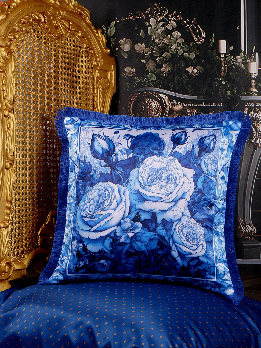 

THE WHITE INK DECOR Indigo Story Blue & White Floral Satin Square Cushion Cover