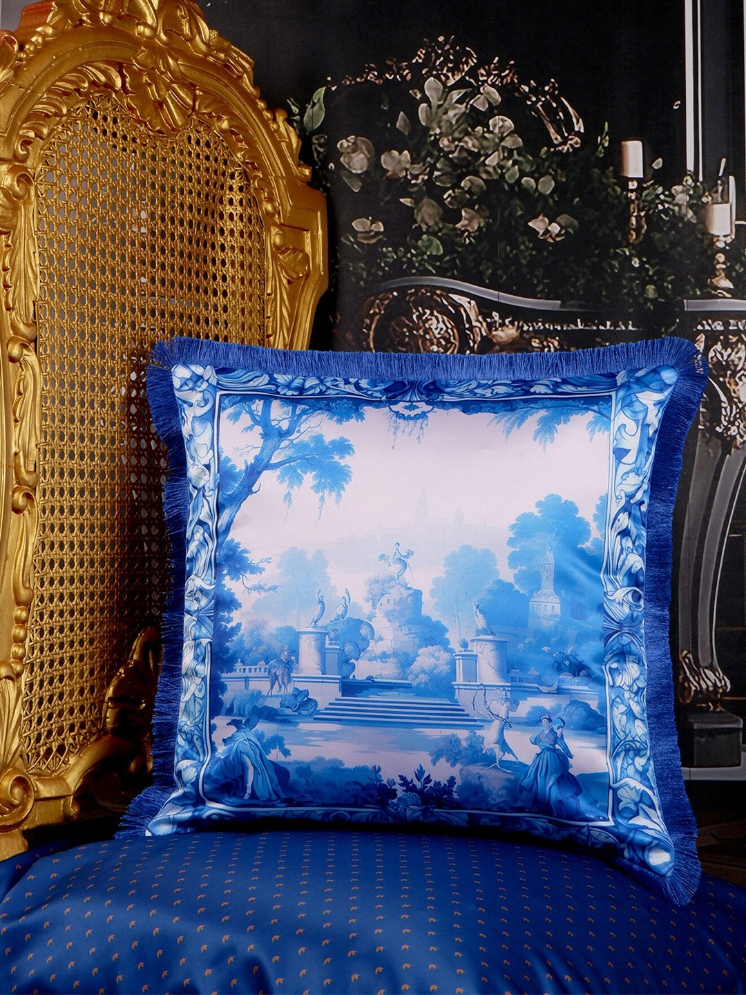 

THE WHITE INK DECOR Indigo Satin Blue & White Floral Satin Square Cushion Cover