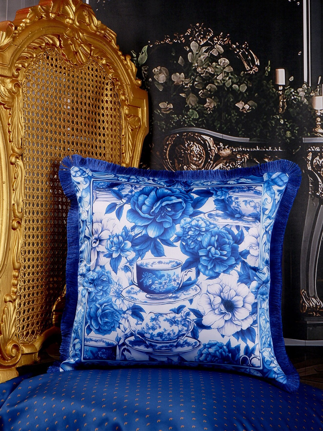 

THE WHITE INK DECOR Blue & White Floral Satin Square Cushion Cover
