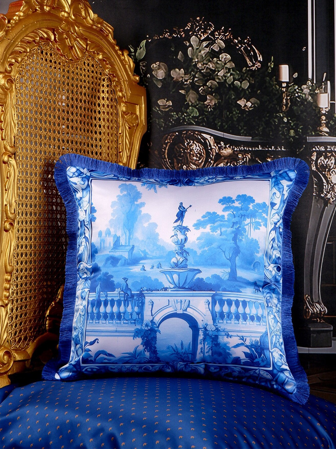 

THE WHITE INK DECOR Blue & White Self Design Fringe Edging Square Cushion Cover