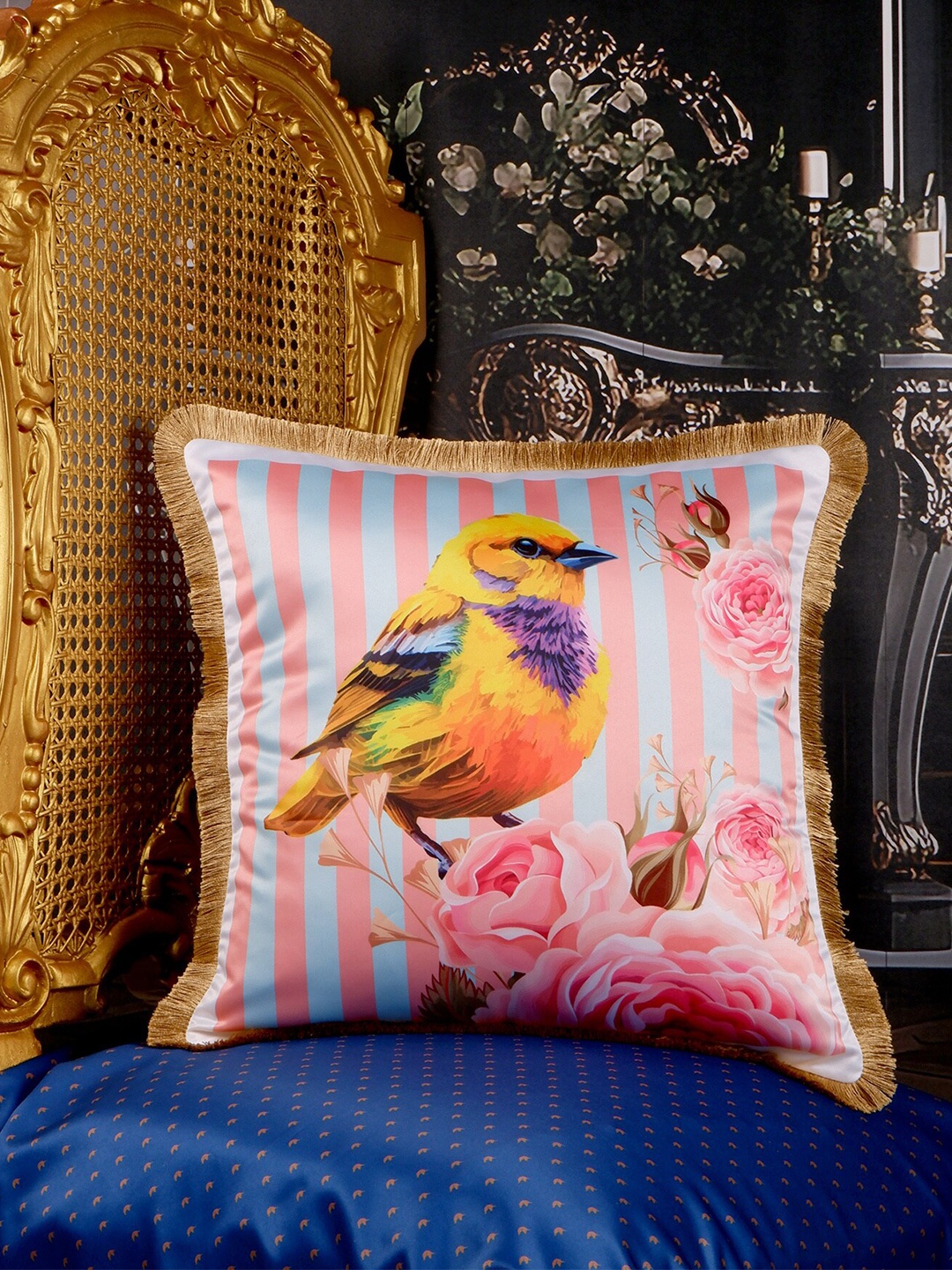 THE WHITE INK DECOR Orange & Pink Self Design Square Cushion Cover