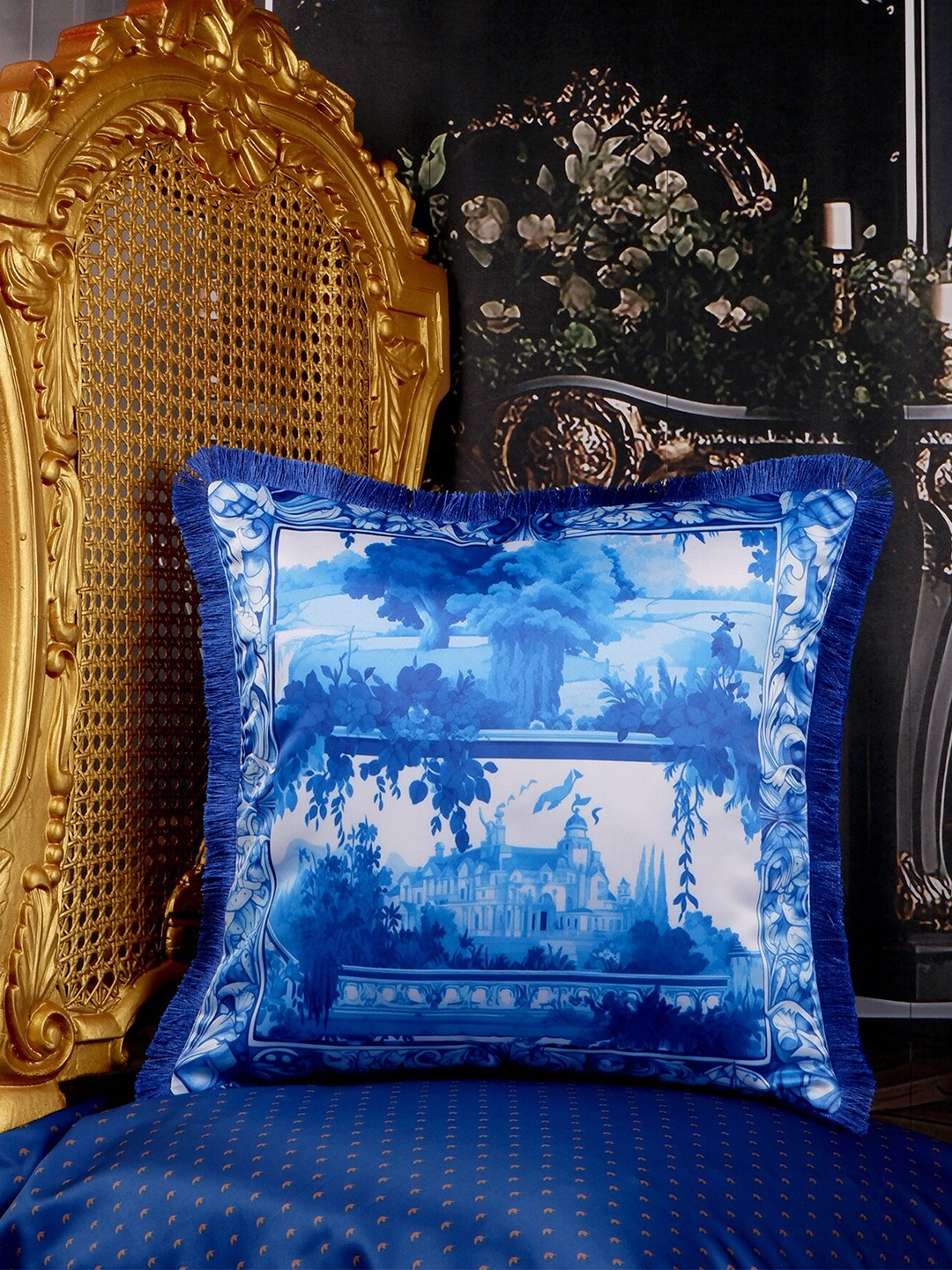 

THE WHITE INK DECOR Blue & White Self Design Square Cushion Cover