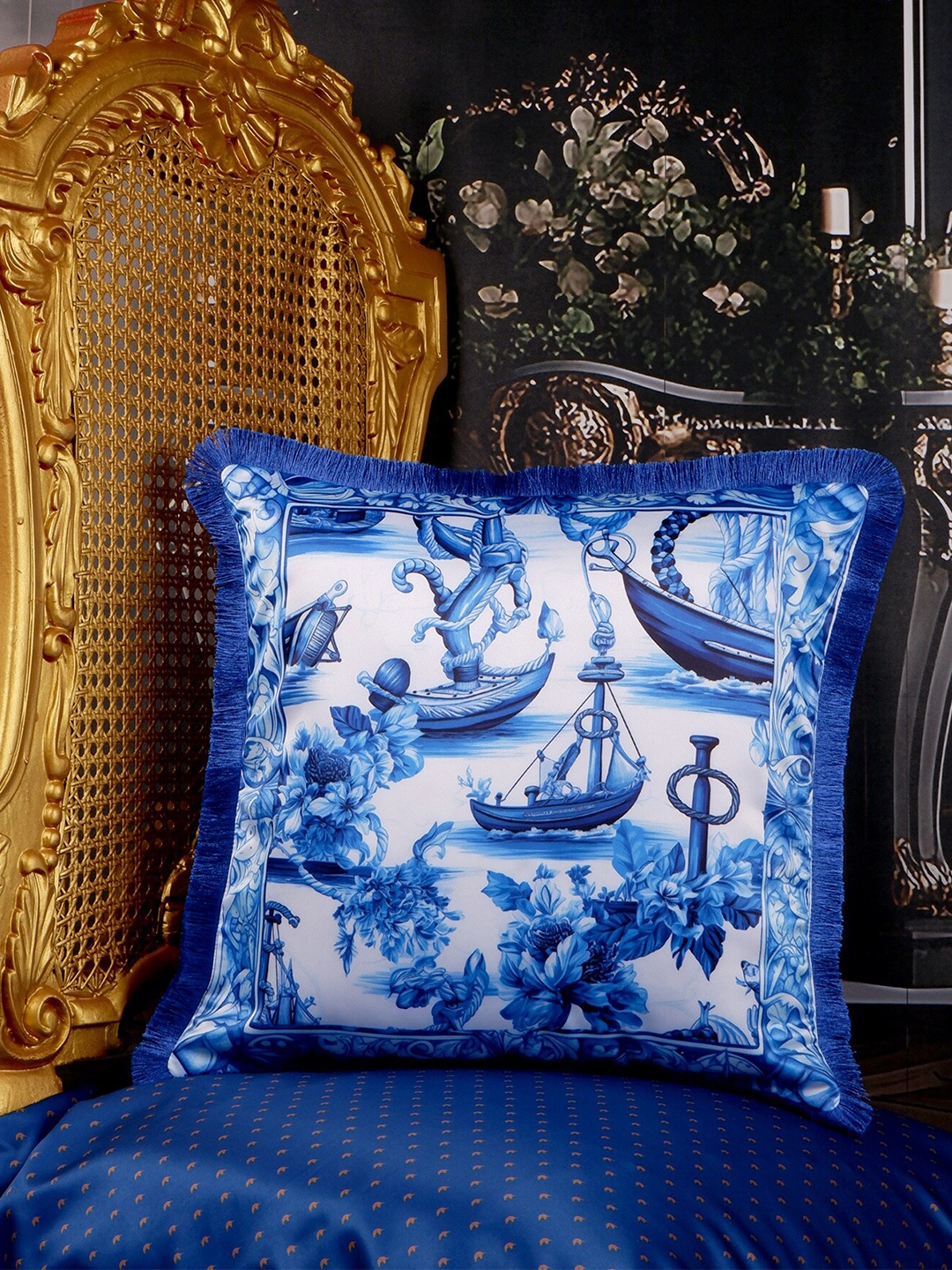 THE WHITE INK DECOR Blue & White Self Design Square Cushion Cover
