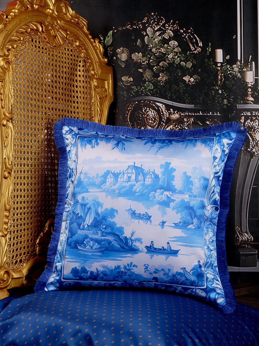 

THE WHITE INK DECOR Blue & White Self Design Square Cushion Cover