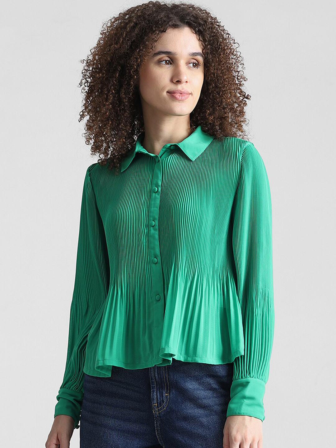 

ONLY Pleated Spread Collar Casual Shirt, Green