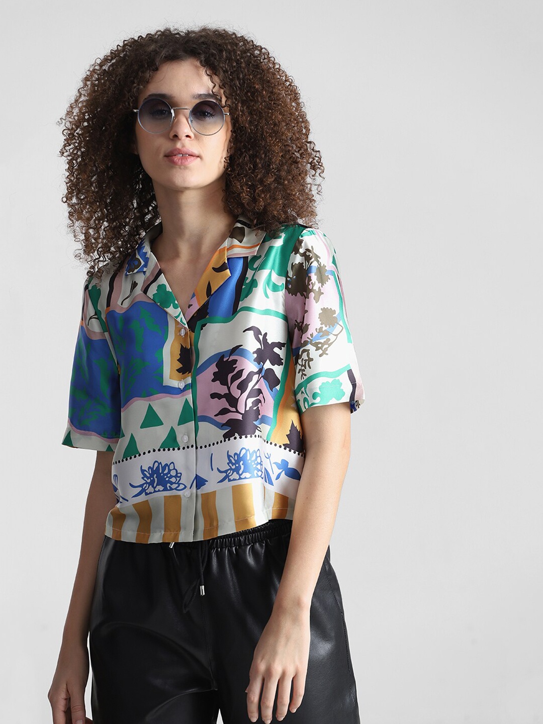 

ONLY Slim Fit Abstract Printed Cuban Collar Casual Shirt, Beige