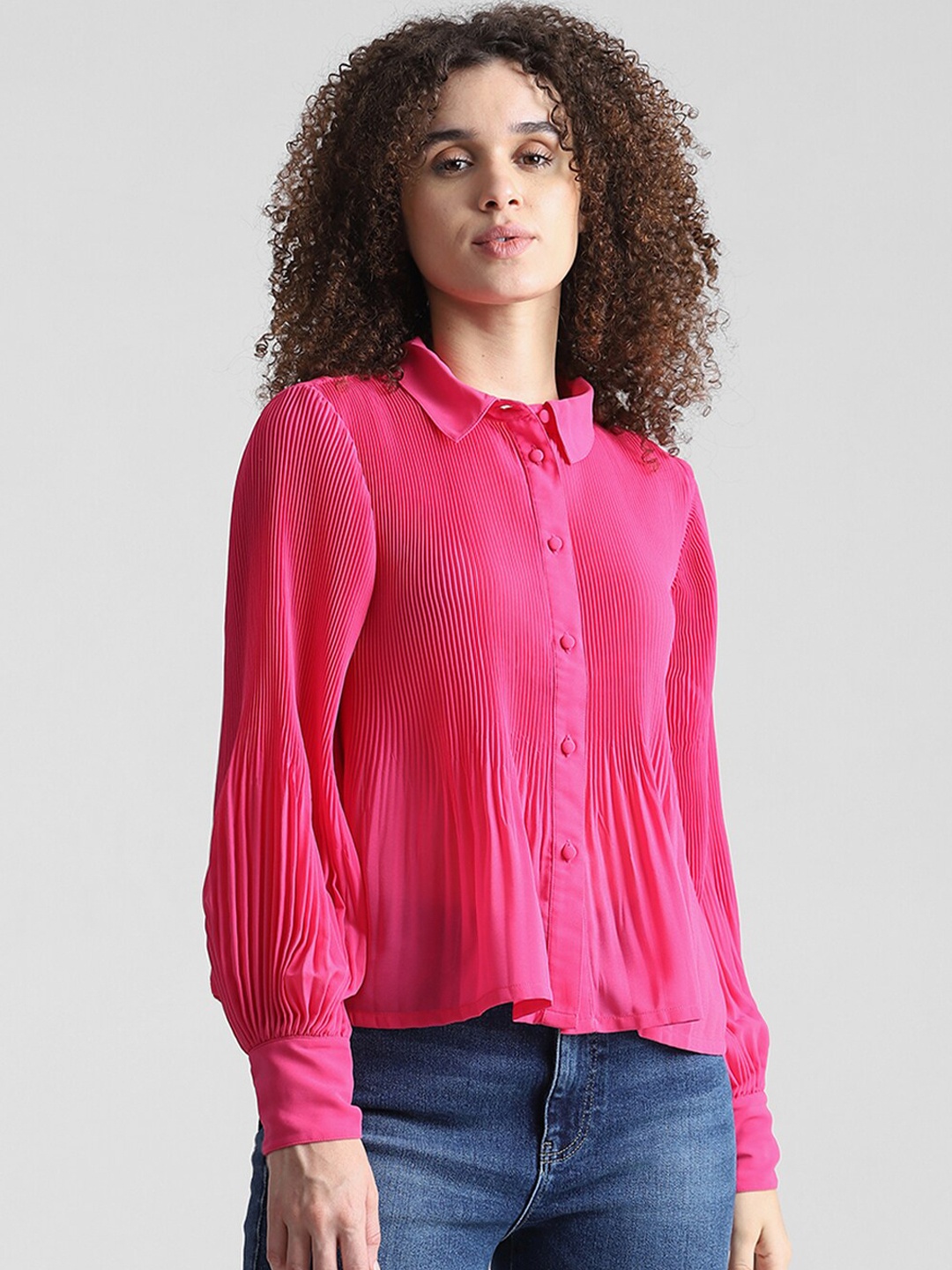 

ONLY Pleated Spread Collar Casual Shirt, Pink