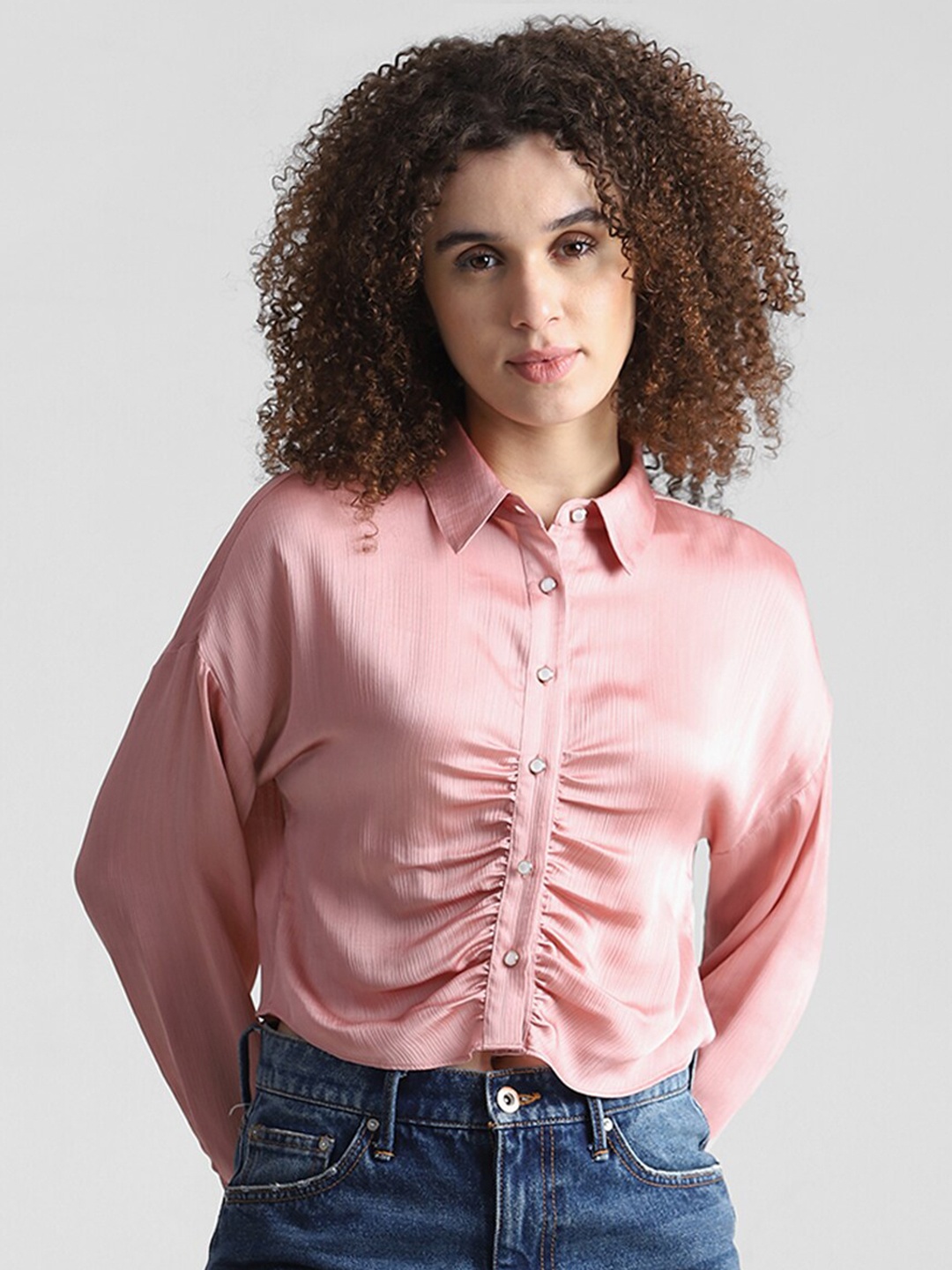 

ONLY Slim Fit Gathered Spread Collar Casual Crop Shirt, Pink