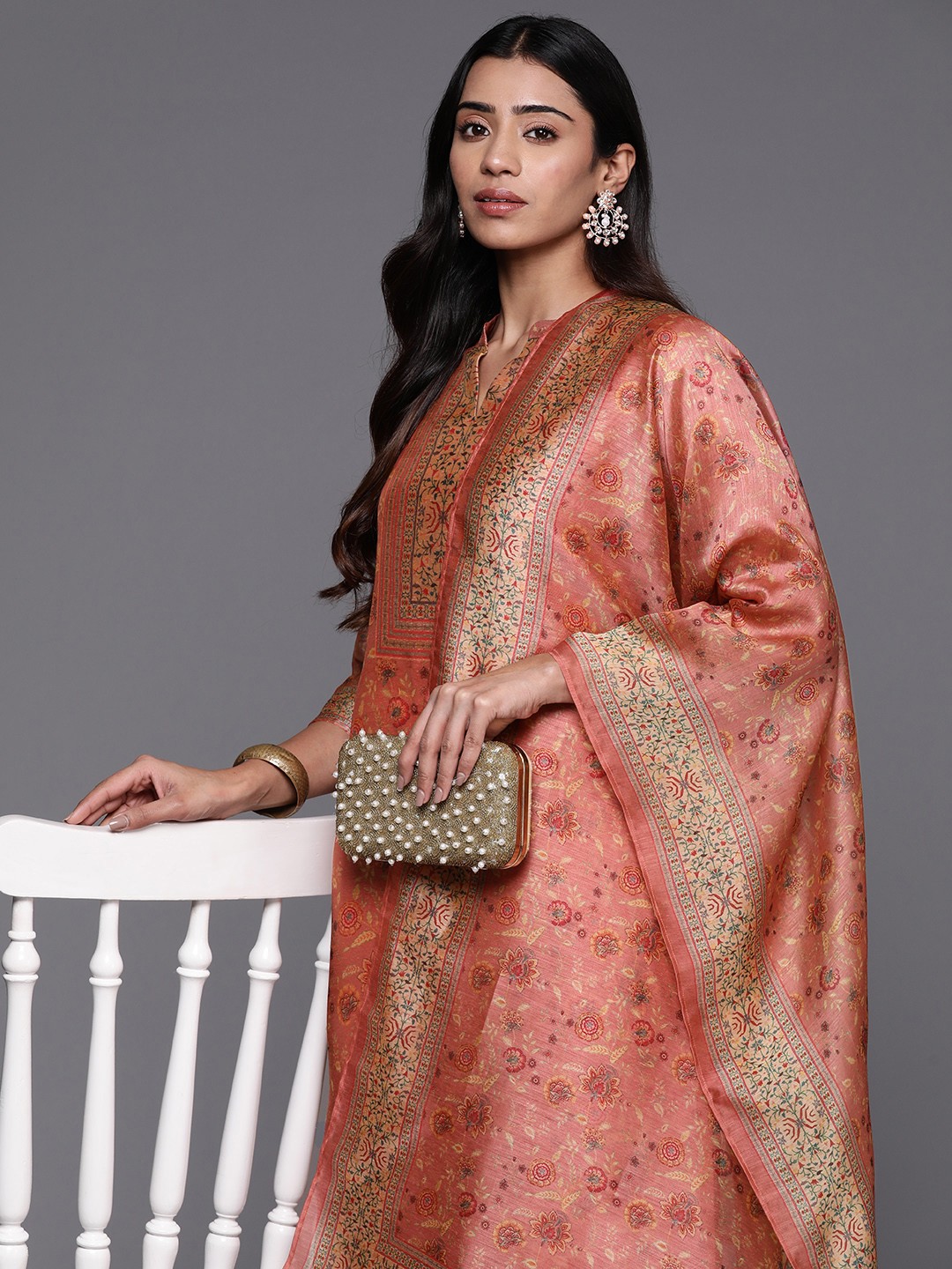

Varanga Floral Printed Regular Chanderi Silk Kurta with Trousers & Dupatta, Peach