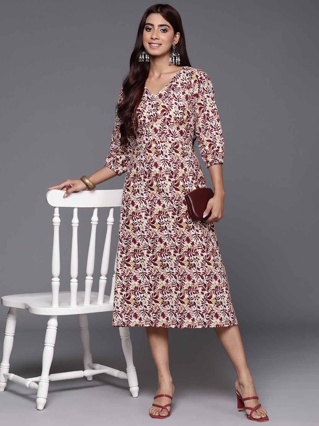 

Varanga Floral Print Puff Sleeves A-Line Midi Dress, Maroon