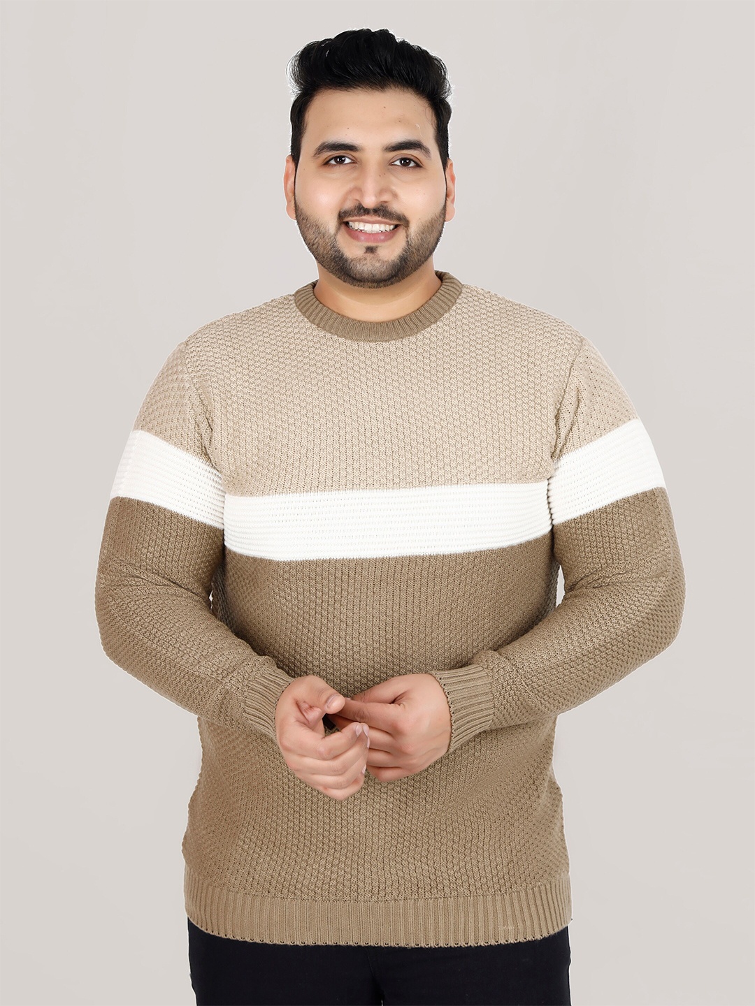 

Sztori Plus Size Colourblocked Acrylic Pullover, Beige