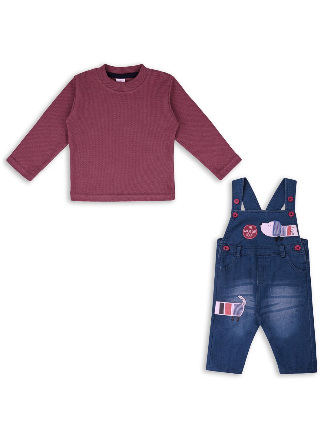 

Wish Karo Infant Boys Self-Design Cotton Dungarees With Tshirt, Maroon
