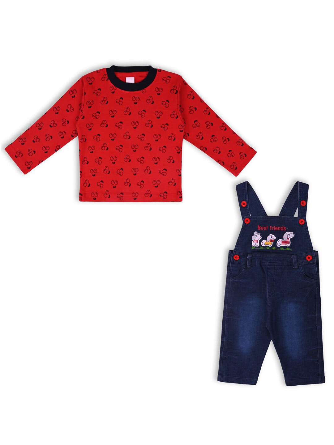 

Wish Karo Boys Self-Design Cotton Dungarees With T-shirt, Red