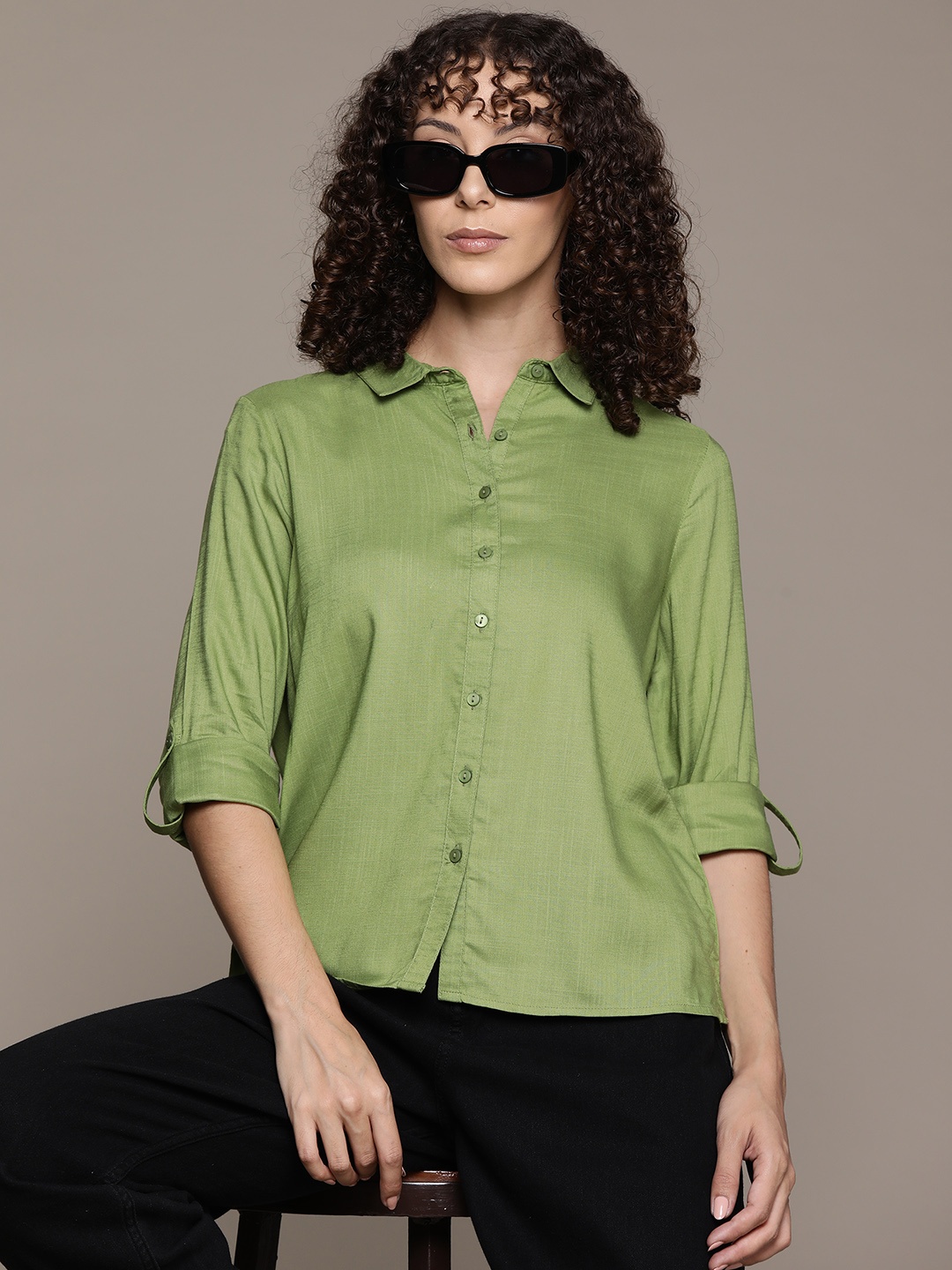 Roadster Women Solid Opaque Casual Shirt, Olive