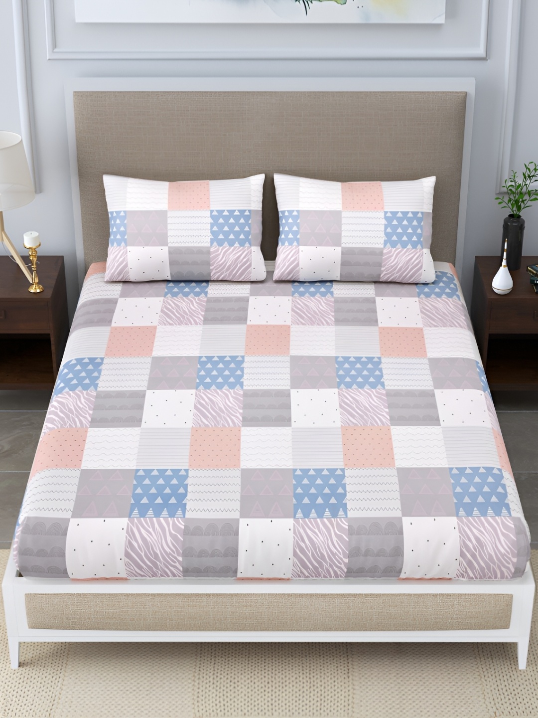 

DIGITRENDZZ White & Pink Geometric Microfiber 260 TC Queen Bedsheet with 2 Pillow Covers