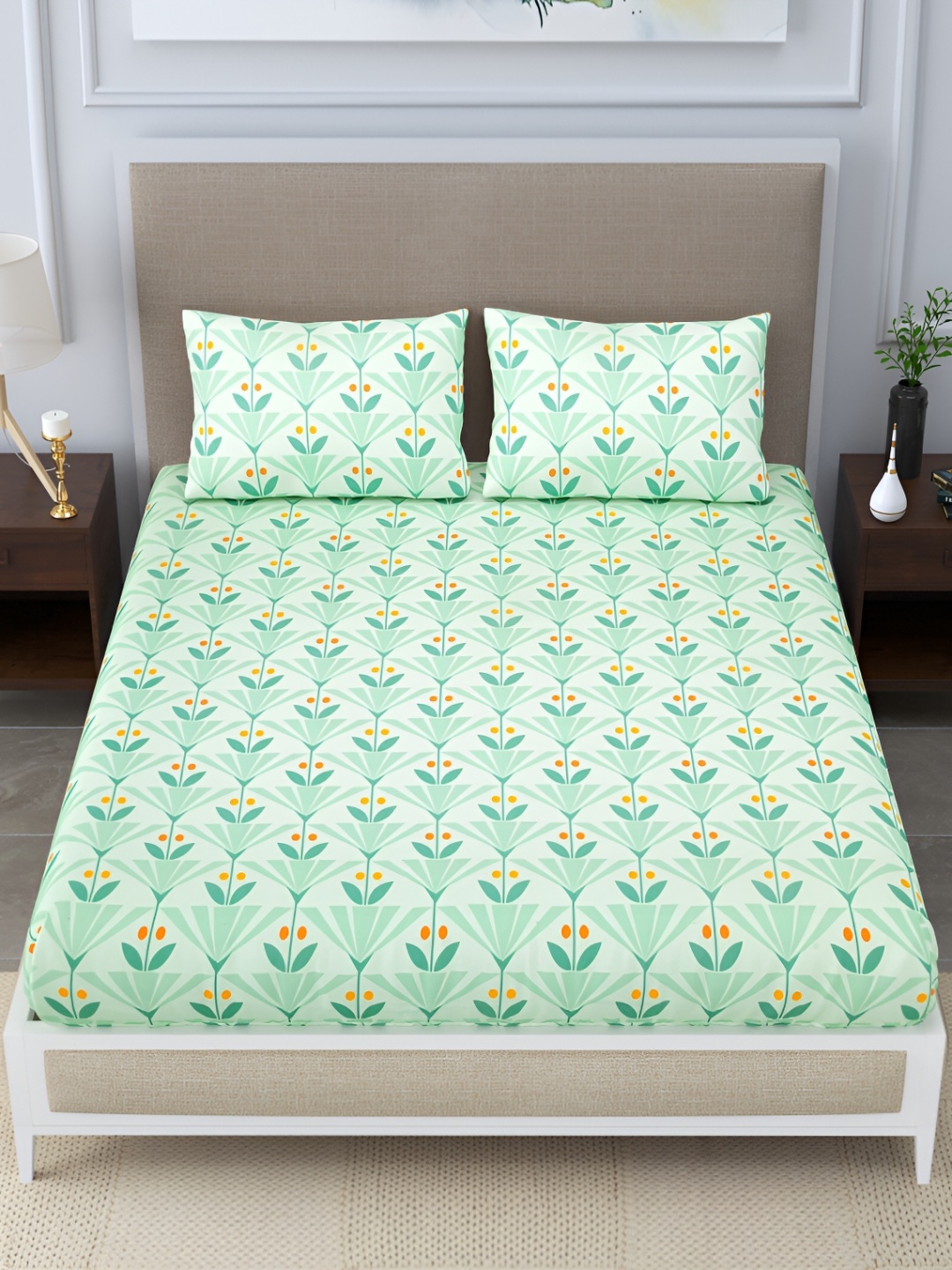 

DIGITRENDZZ Green & Orange Floral Cotton 260 TC Queen Bedsheet with 2 Pillow Covers