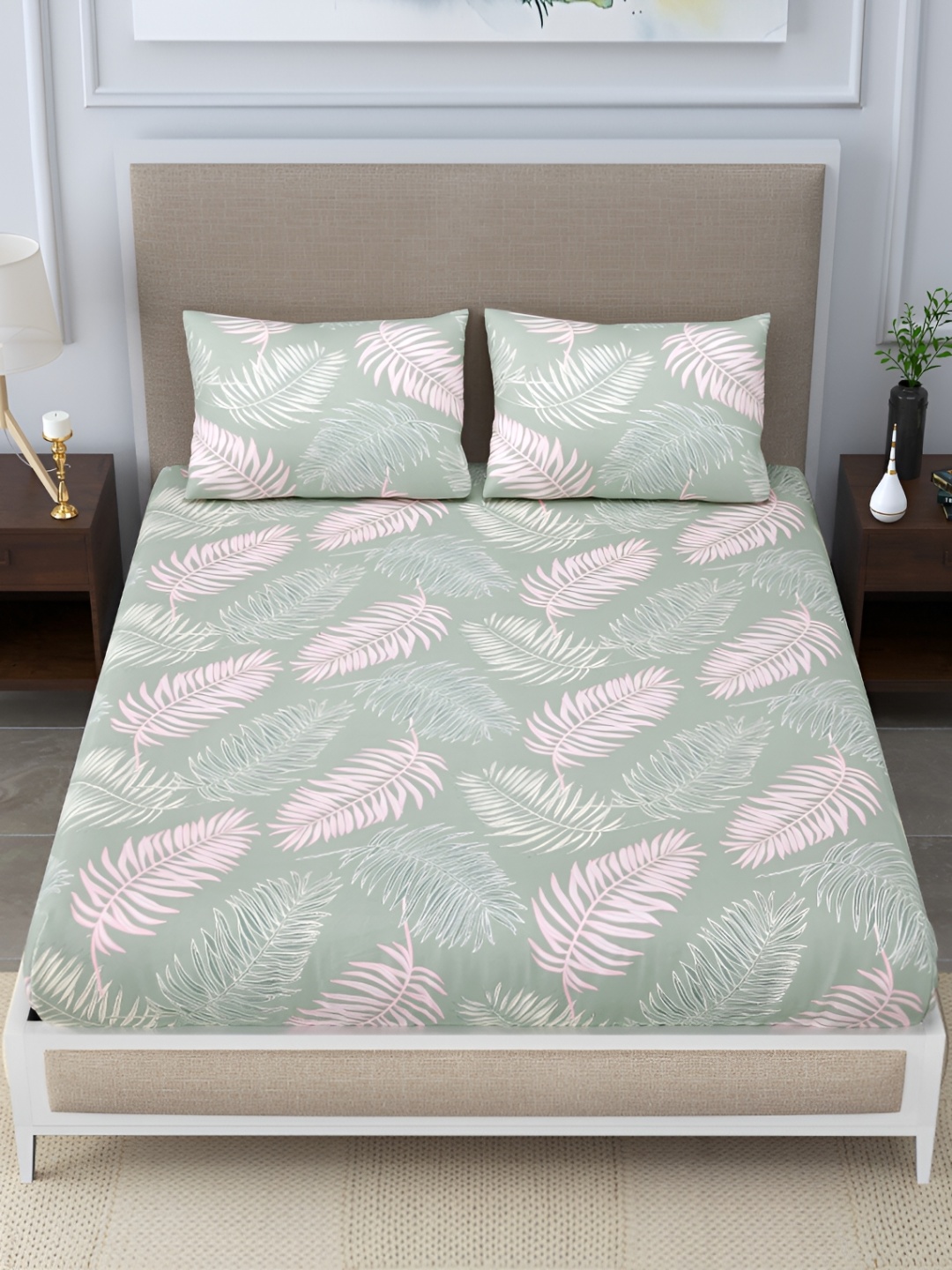 

DIGITRENDZZ Green & Pink Floral 260 TC Queen Bedsheet with 2 Pillow Covers