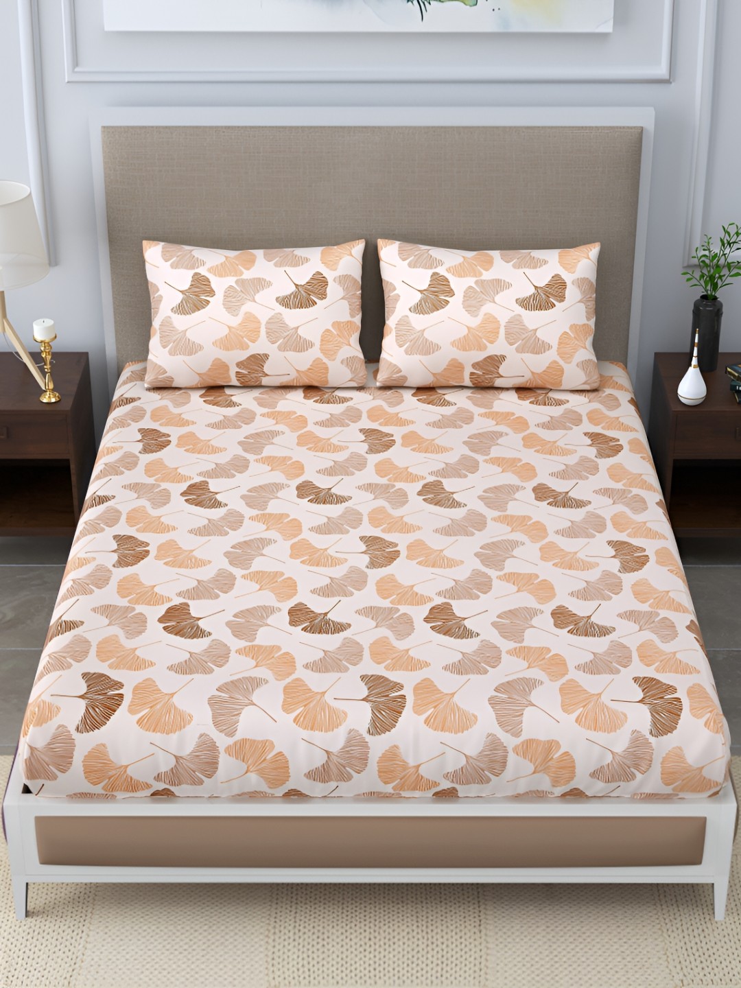 

DIGITRENDZZ Beige Floral 260 TC Queen Bedsheet with 2 Pillow Covers