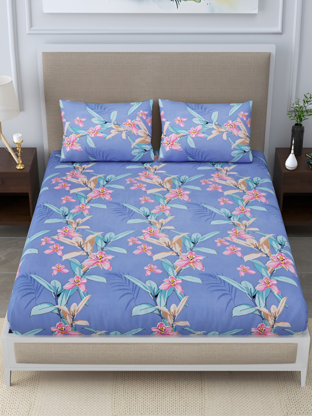 

DIGITRENDZZ Blue & Pink Floral 260 TC Queen Bedsheet with 2 Pillow Covers
