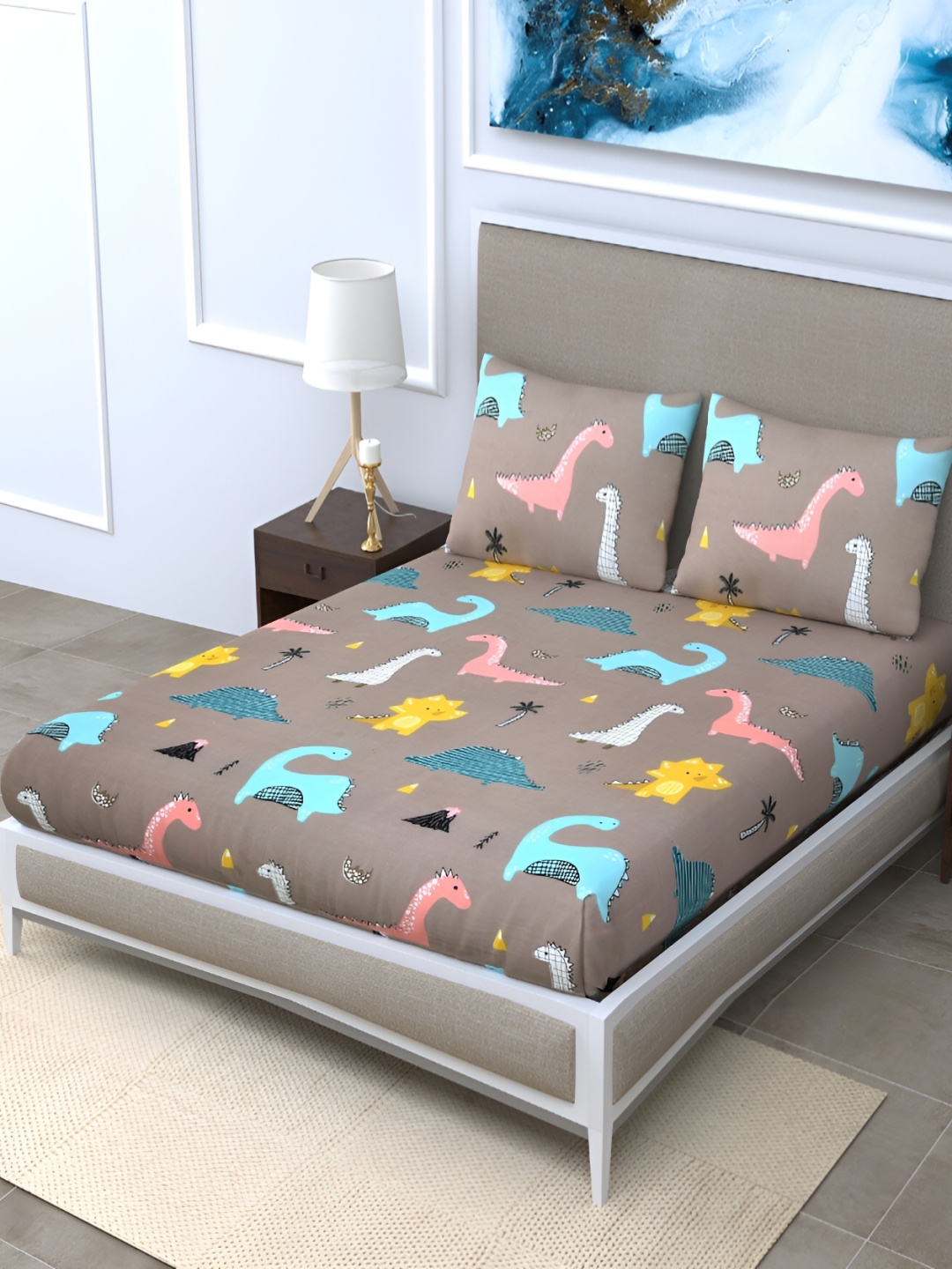 

DIGITRENDZZ Brown & Blue Floral 260 TC Queen Bedsheet with 2 Pillow Covers