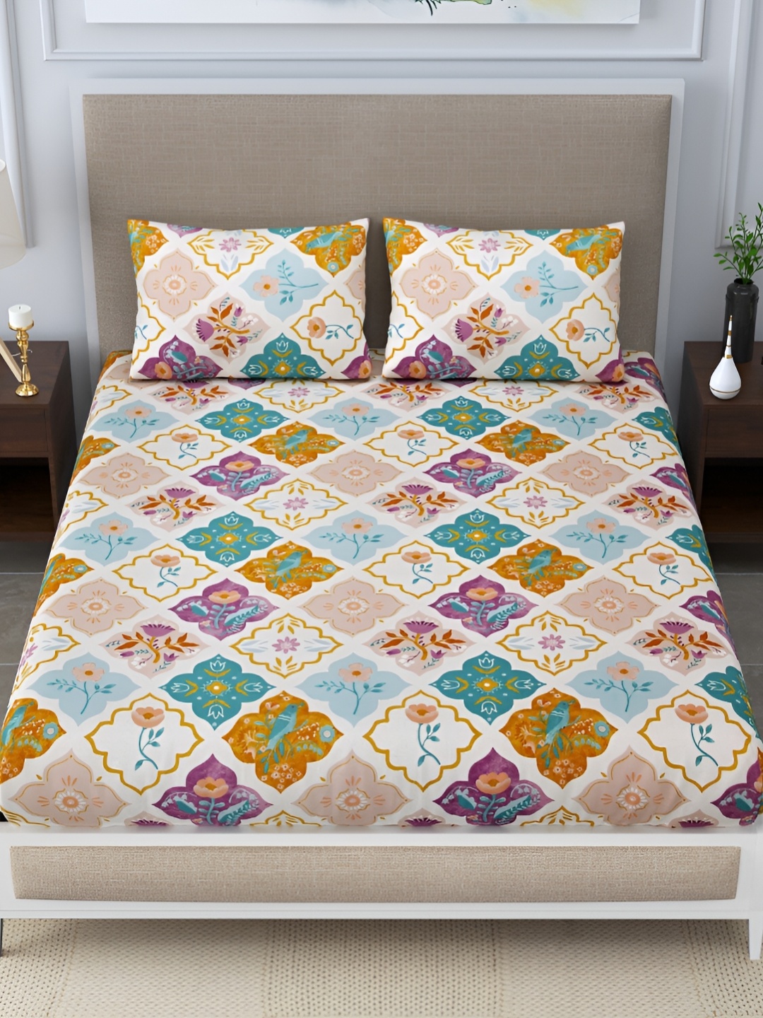 

DIGITRENDZZ Blue Floral 260 TC Queen Bedsheet with 2 Pillow Covers