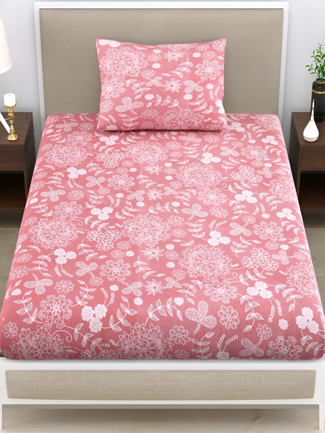 

DIGITRENDZZ Pink & White Floral Microfiber 186 TC Single Bedsheet with a Pillow Cover