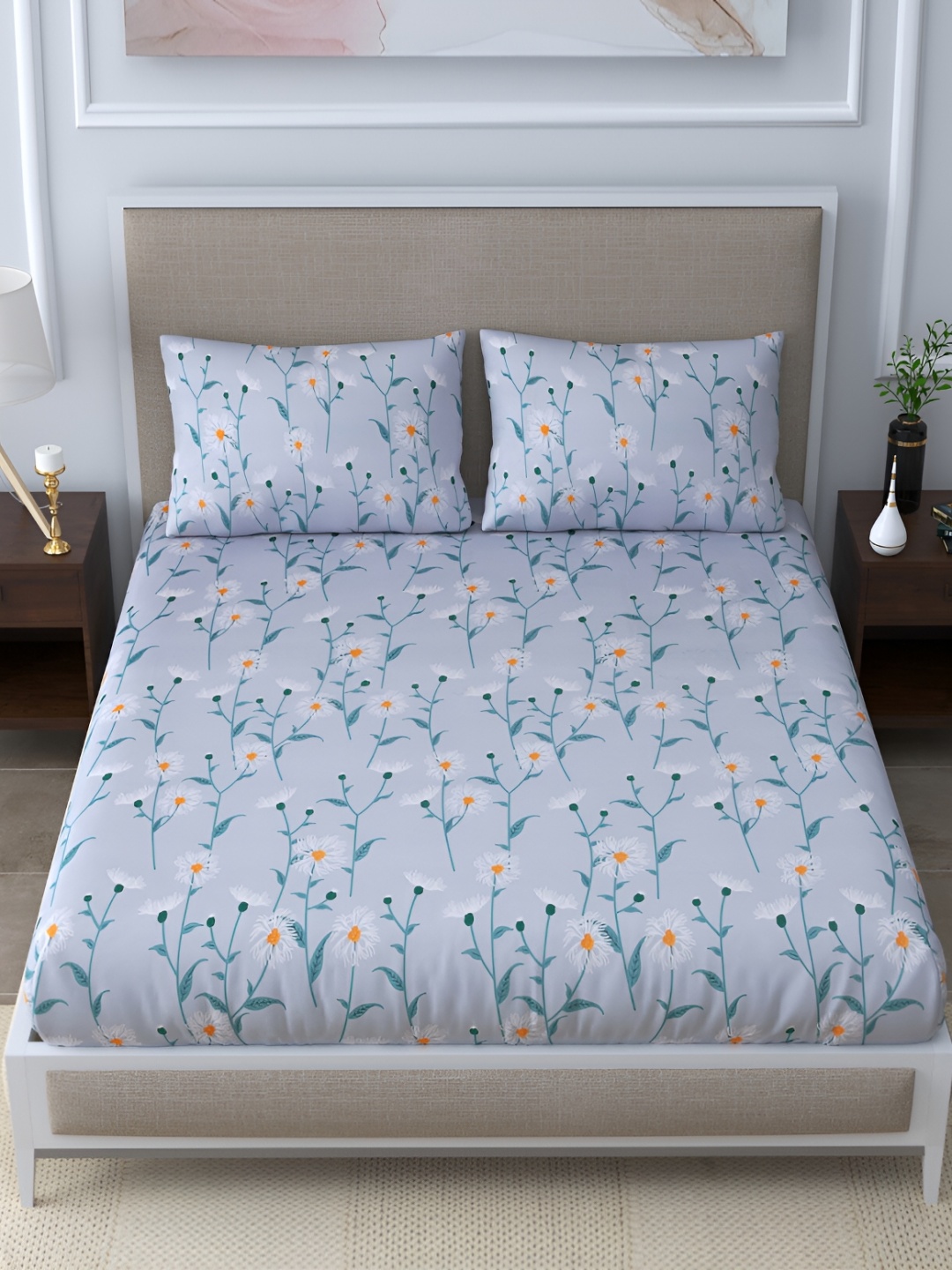 

DIGITRENDZZ Blue Floral 260 TC Queen Bedsheet with 2 Pillow Covers