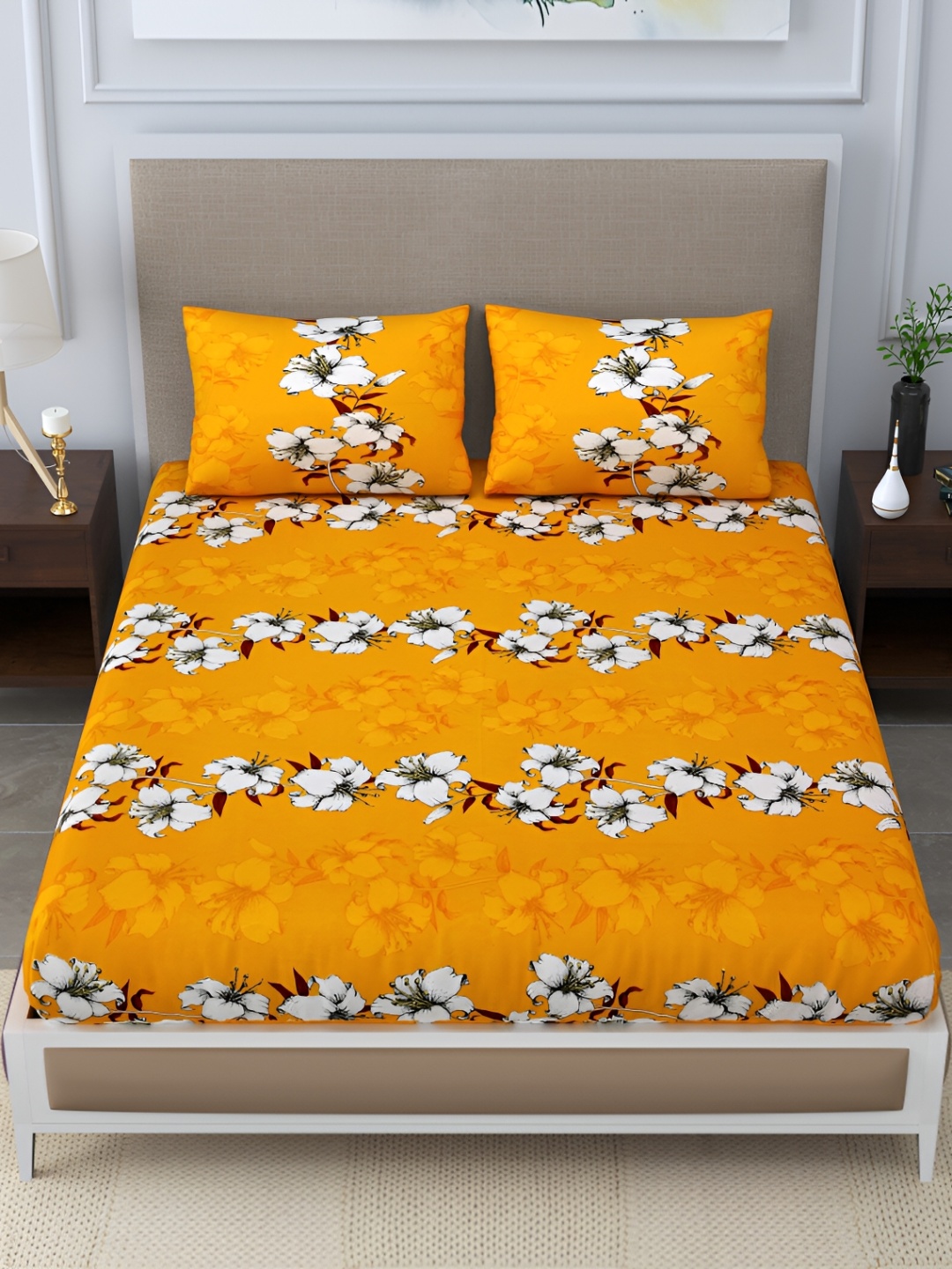 

DIGITRENDZZ Orange & White Floral Microfiber 260 TC Queen Bedsheet with 2 Pillow Covers