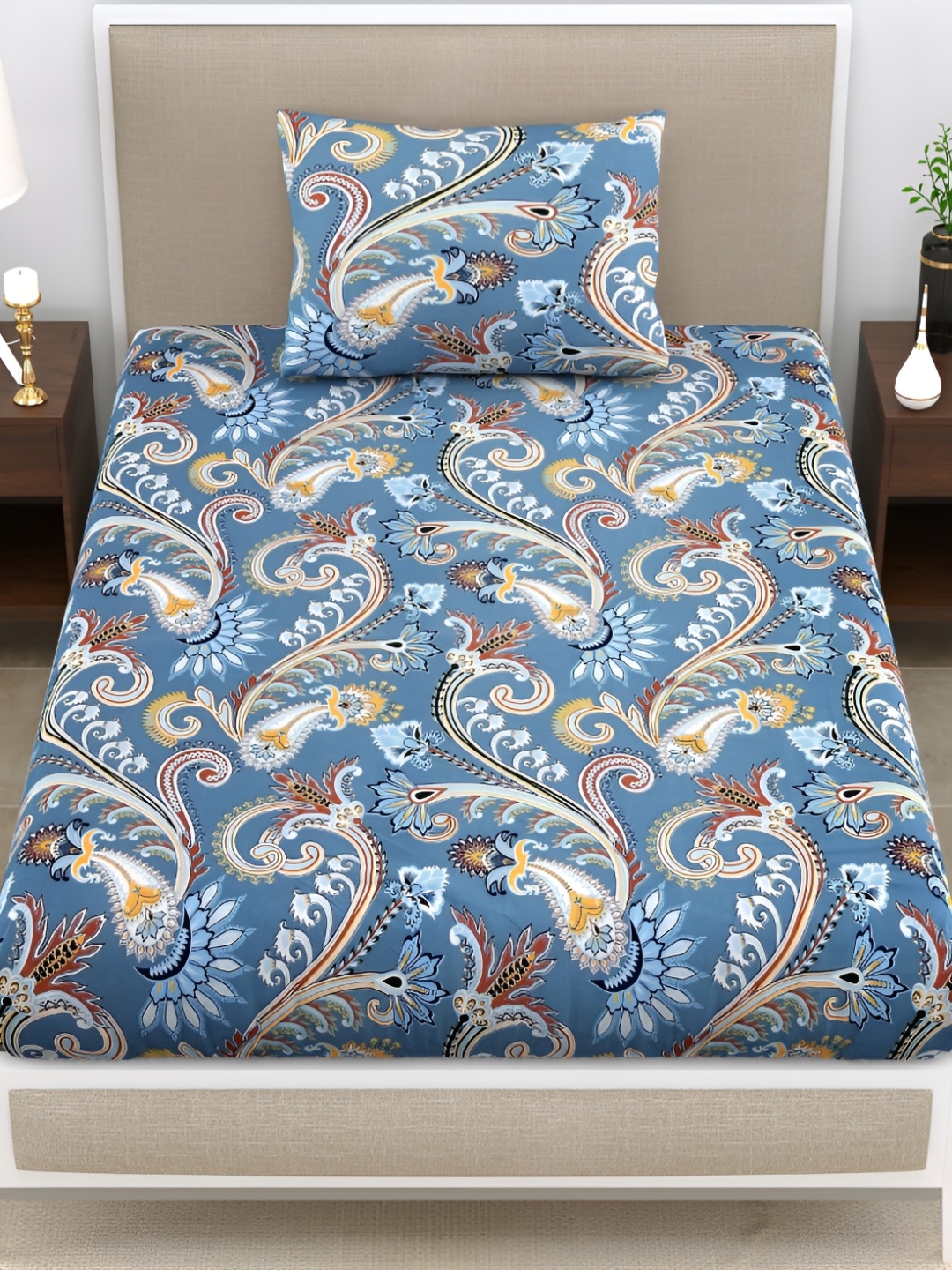 

DIGITRENDZZ Blue Floral Microfiber 186 TC Single Bedsheet with a Pillow Cover