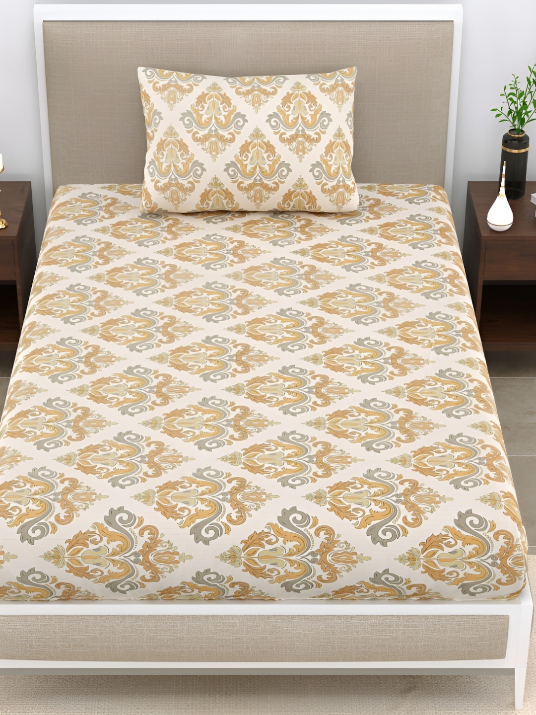 

DIGITRENDZZ Beige & Grey Microfiber 186 TC Single Bedsheet with a Pillow Cover