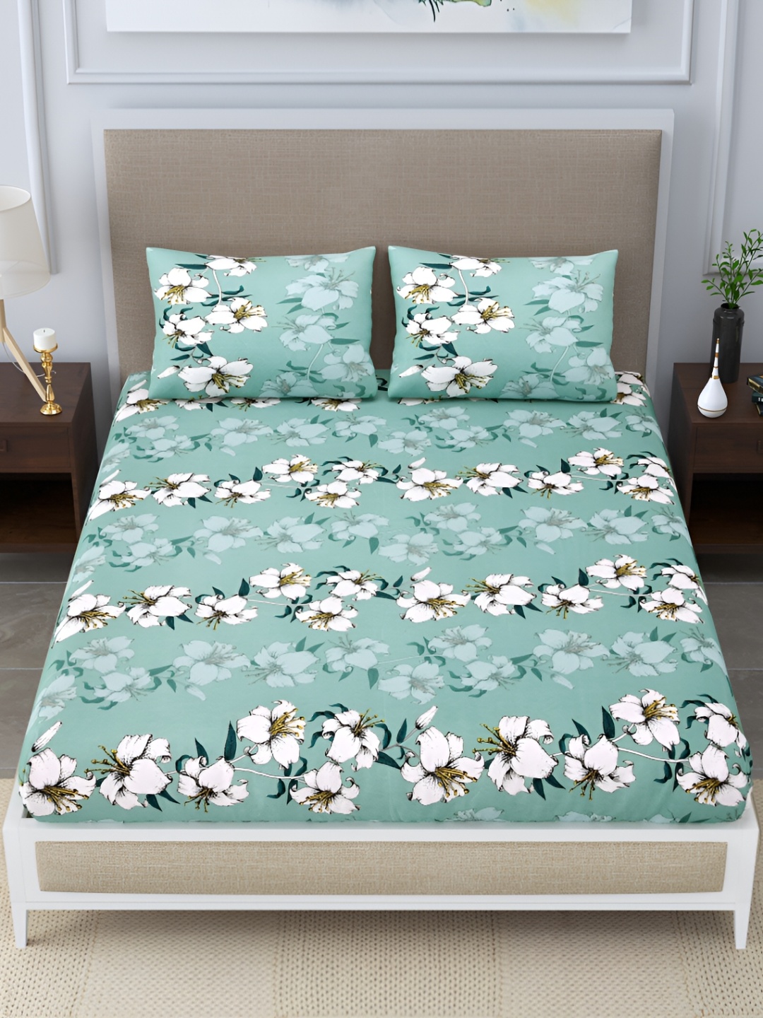 

DIGITRENDZZ Turquoise Blue Floral 260 TC Queen Bedsheet with 2 Pillow Covers