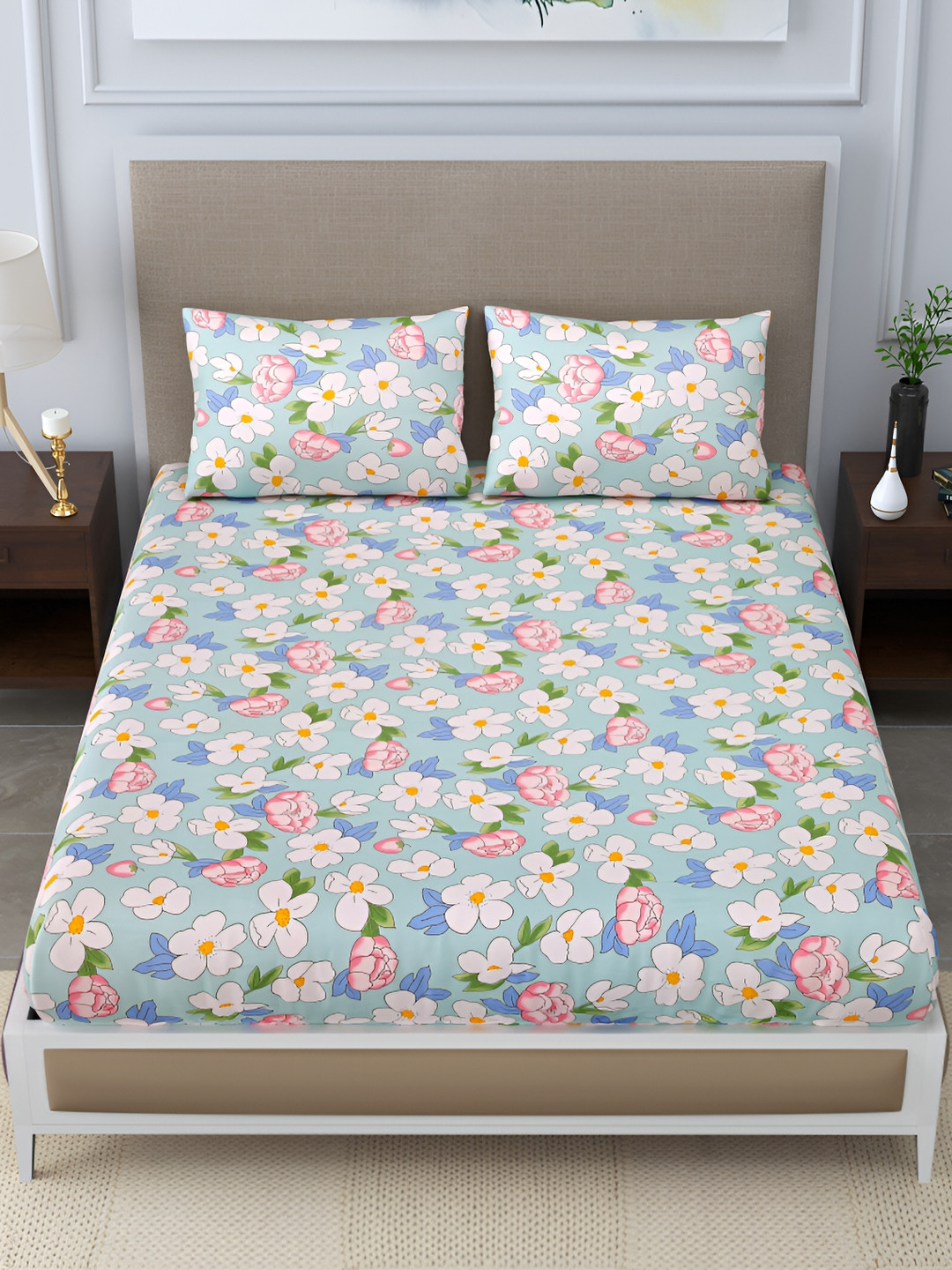 

DIGITRENDZZ Blue & Pink Floral Microfiber 260 TC Queen Bedsheet with 2 Pillow Covers
