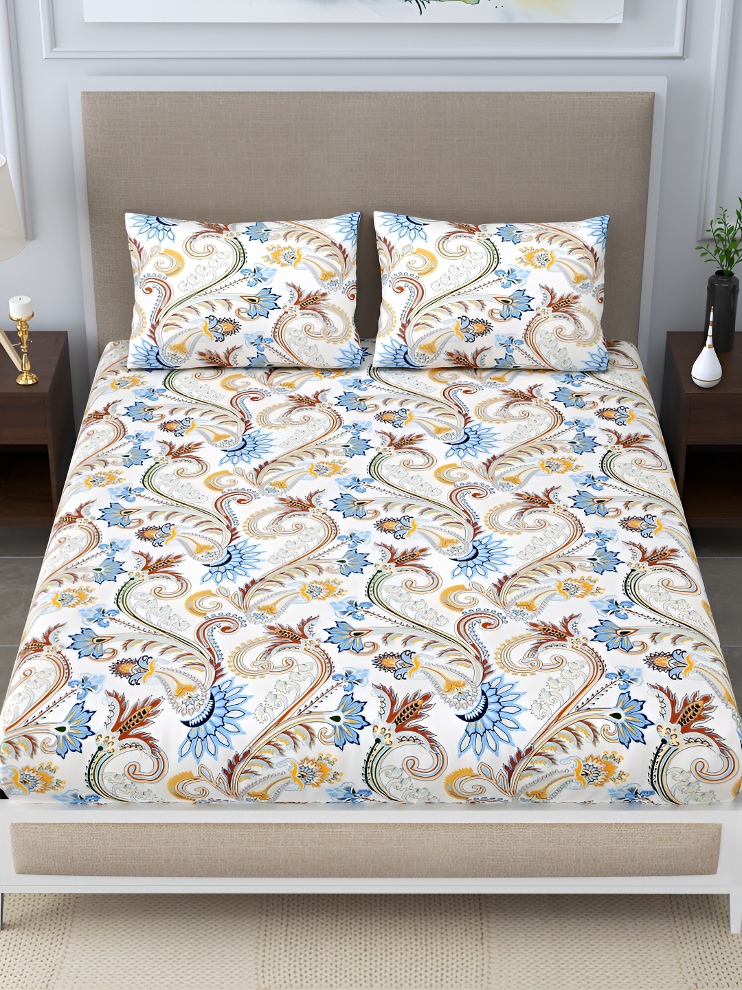 

DIGITRENDZZ Blue & White Ethnic Motifs 260 TC Queen Bedsheet with 2 Pillow Covers