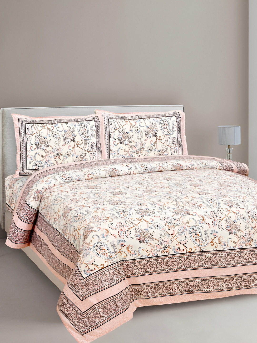 

DIGITRENDZZ Pink & Beige Floral Cotton 260 TC King Bedsheet with 2 Pillow Covers