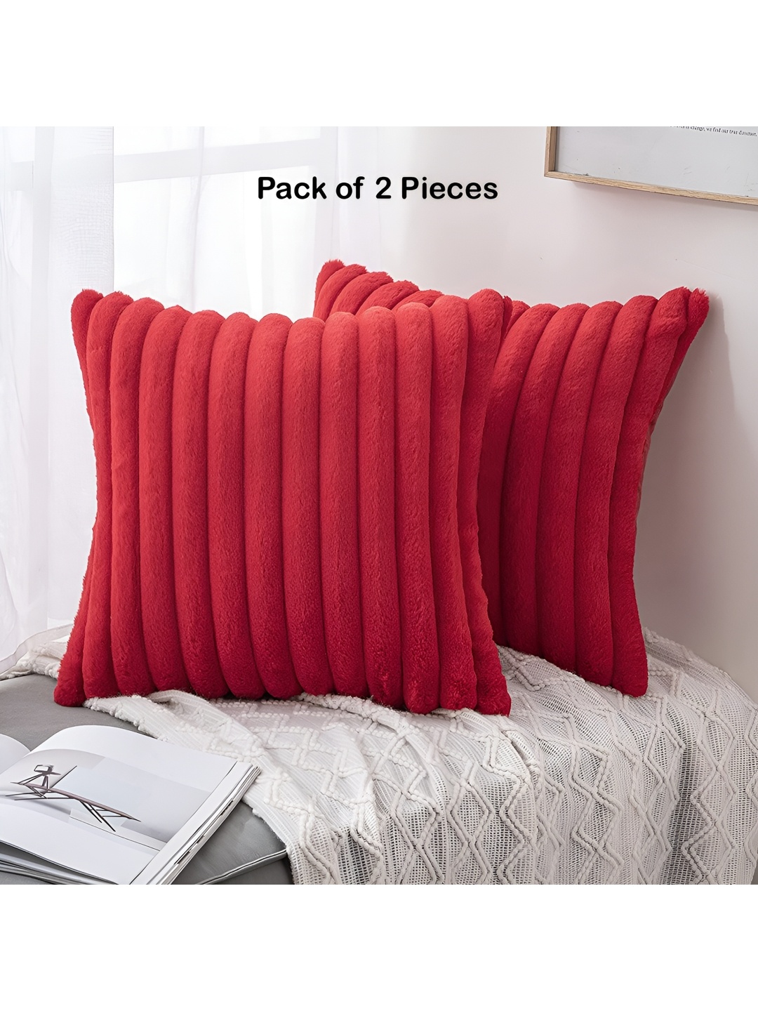 

Vinayaka Fab Red 2 Pieces Striped Velvet Square Cushion Covers