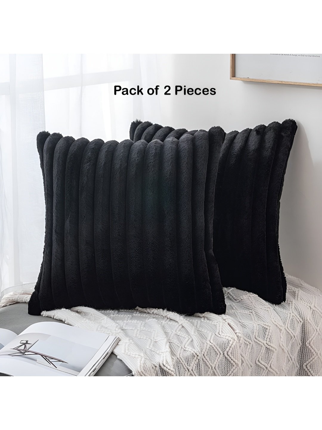 

Vinayaka Fab Black 2 Pieces Striped Velvet Square Cushion Covers