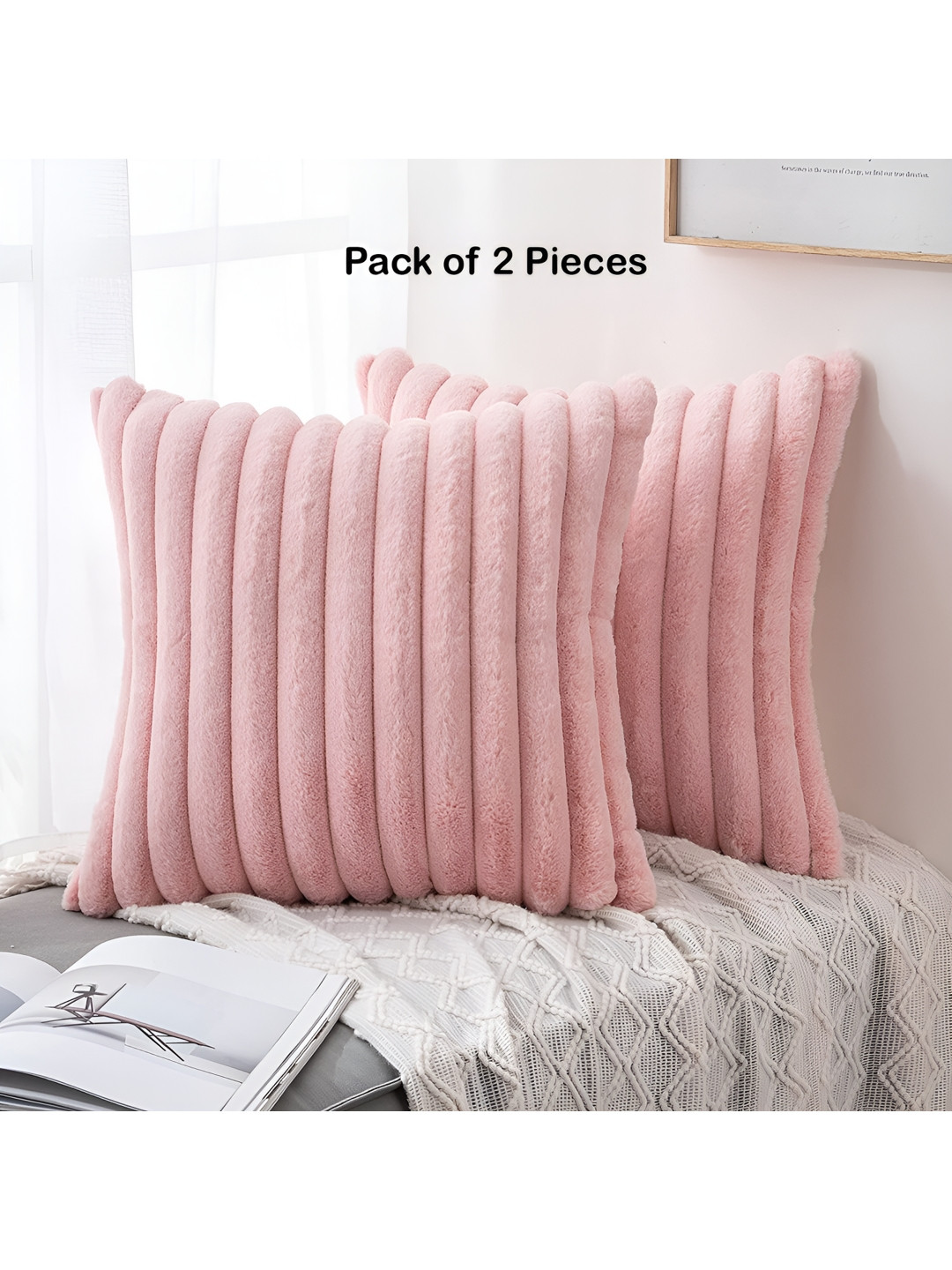 

Vinayaka Fab Pink 2 Pieces Striped Velvet Square Cushion Covers