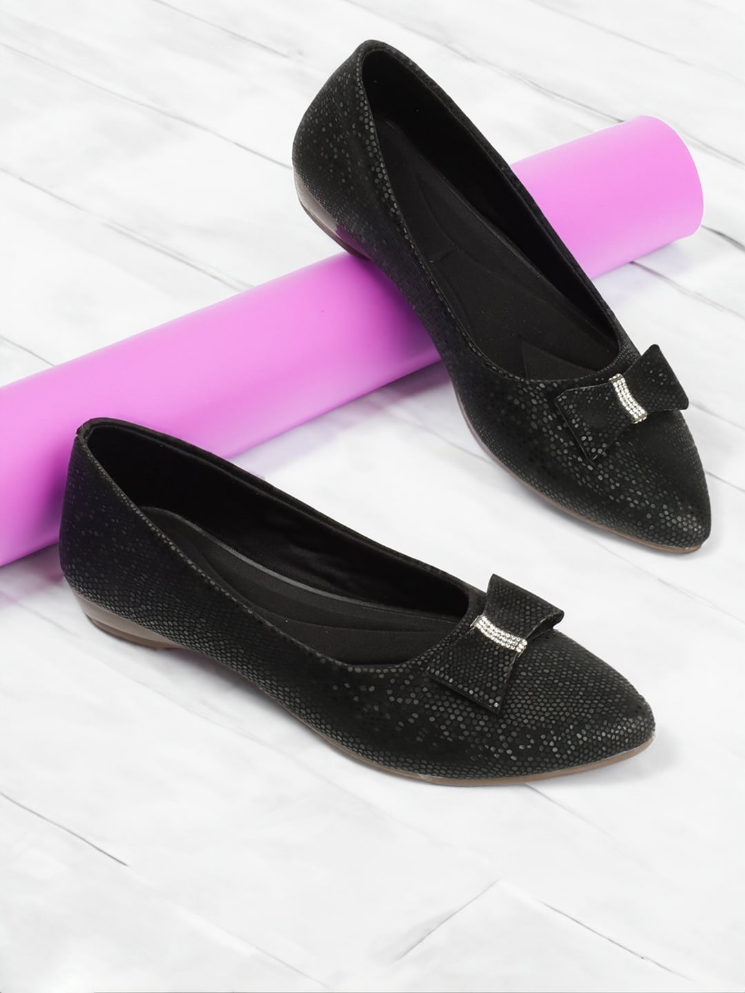 

PERY PAO Textured Bow Detail Pointed Toe Ballerinas, Black
