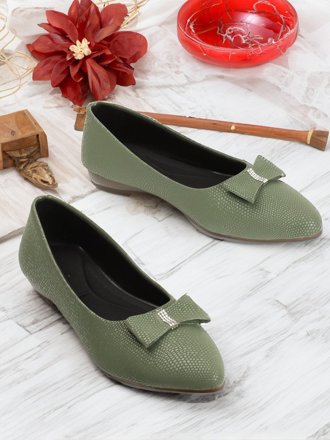 

PERY PAO Textured Bow Detailed Ballerinas, Olive