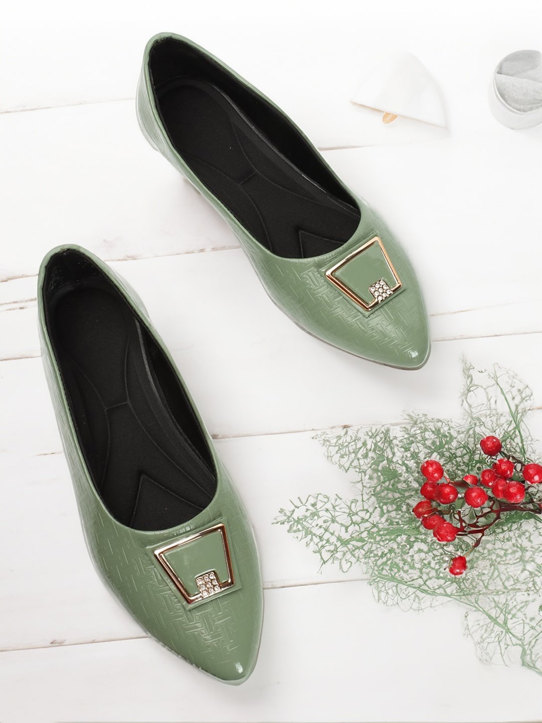 

PERY PAO Pointed Toe Embellished Ballerinas, Sea green
