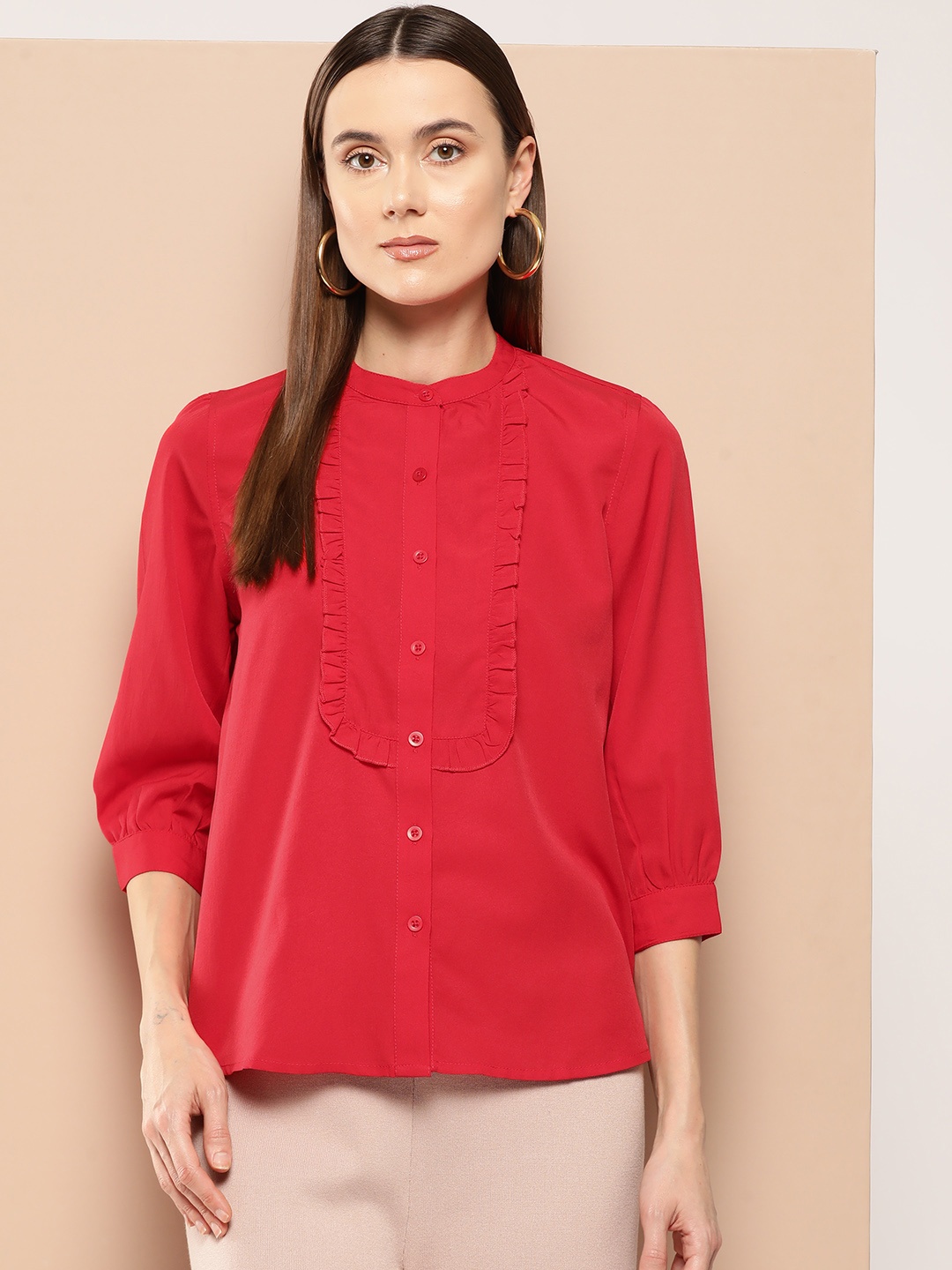 

INVICTUS Ruffle Detail Casual Shirt, Red