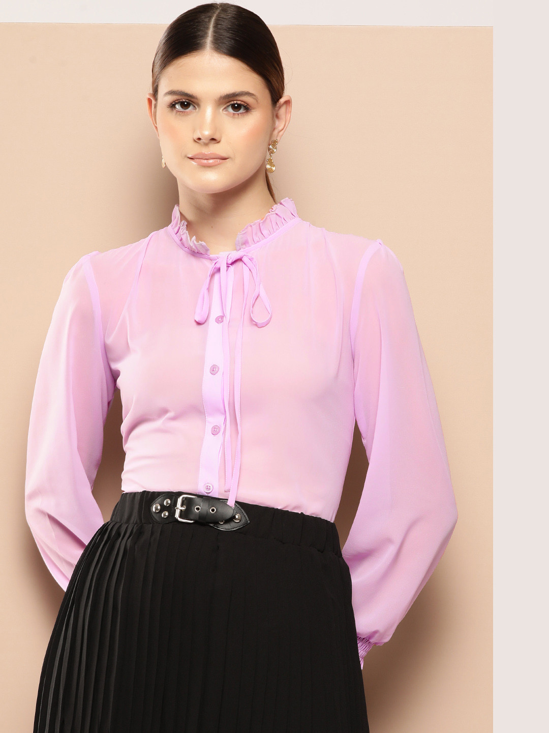 

INVICTUS Tie-Up Neck Puff Sleeve Shirt Style Top, Lavender