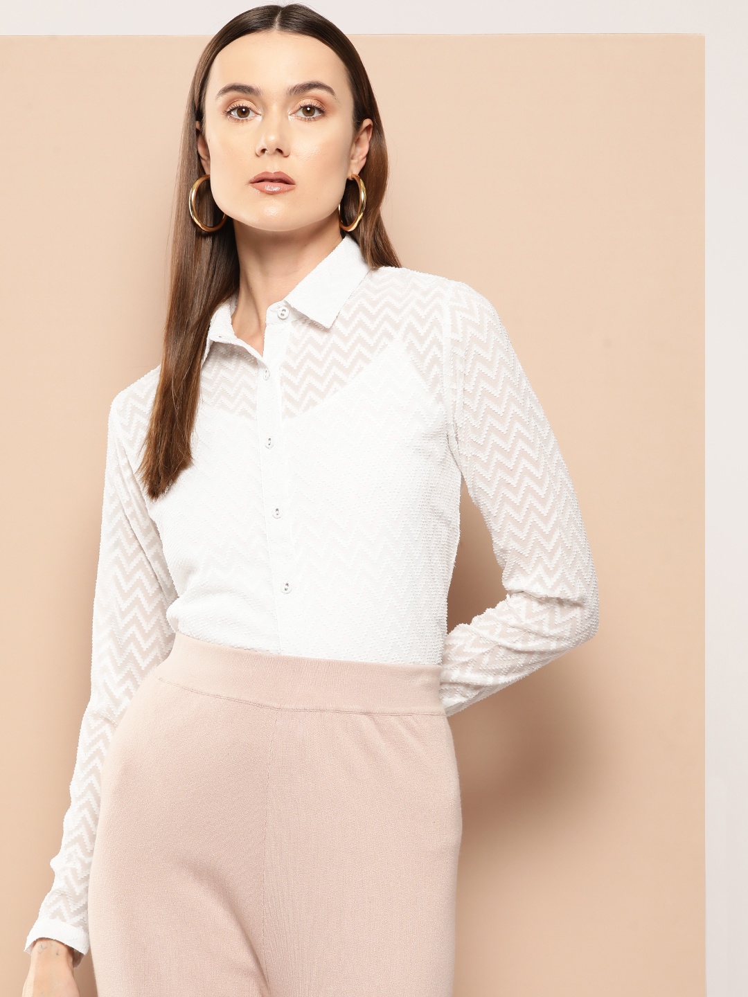 

INVICTUS Chevron Semi Sheer Shirt, White