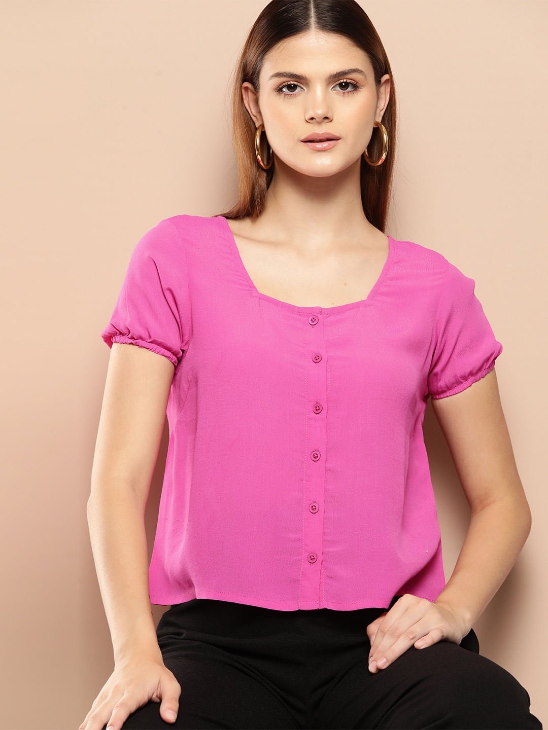 

INVICTUS Puff Sleeve Crepe Top, Pink